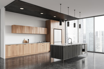 Stylish home kitchen interior with bar counter and cabinet, panoramic window