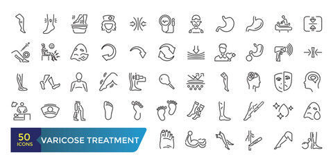 Varicose treatment icons set. Leg veins thrombosis disease and surgery vector symbols. Collection and pack of linear web and ui icons. Editable stroke. Vector illustration.