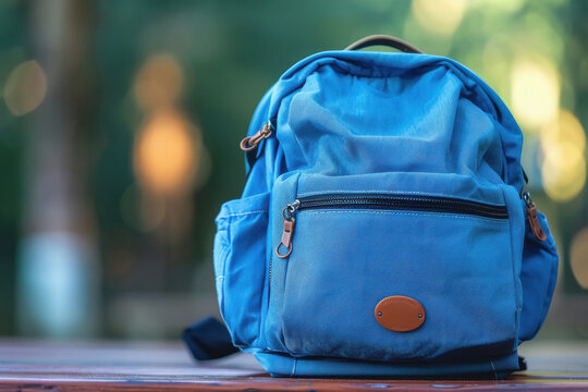 blue schoolbag on a wooden table