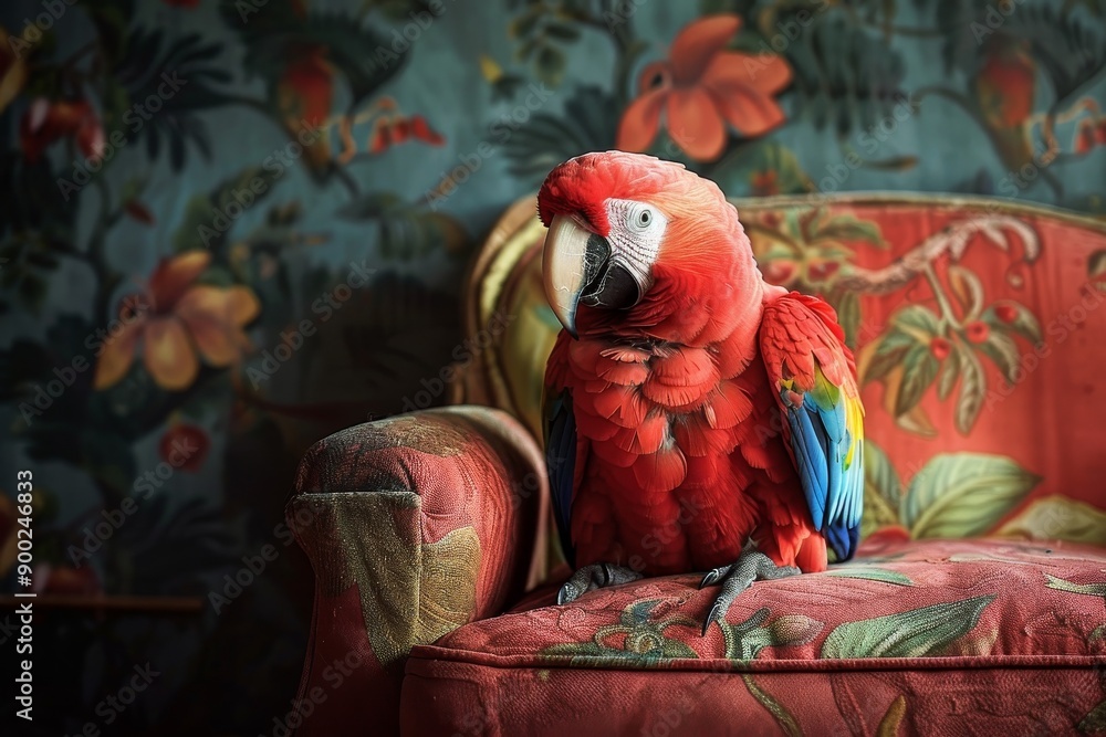 Wall mural parrot showcasing its bright plumage and charismatic presence, set against a contrasting simple back