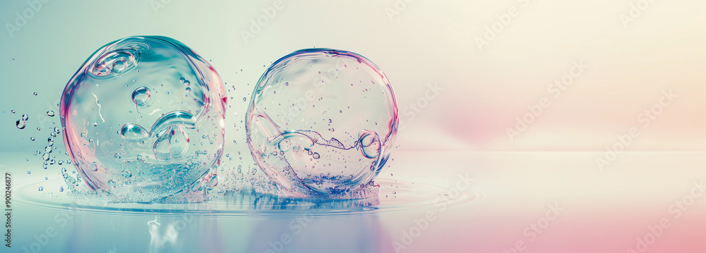 Wall mural two transparent soap bubbles on reflective pastel gradient background pink blue abstract light minim