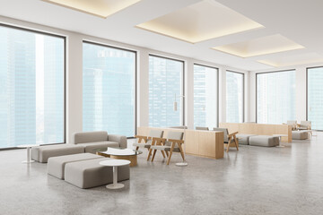 Stylish cafe interior with cozy dining space near panoramic window