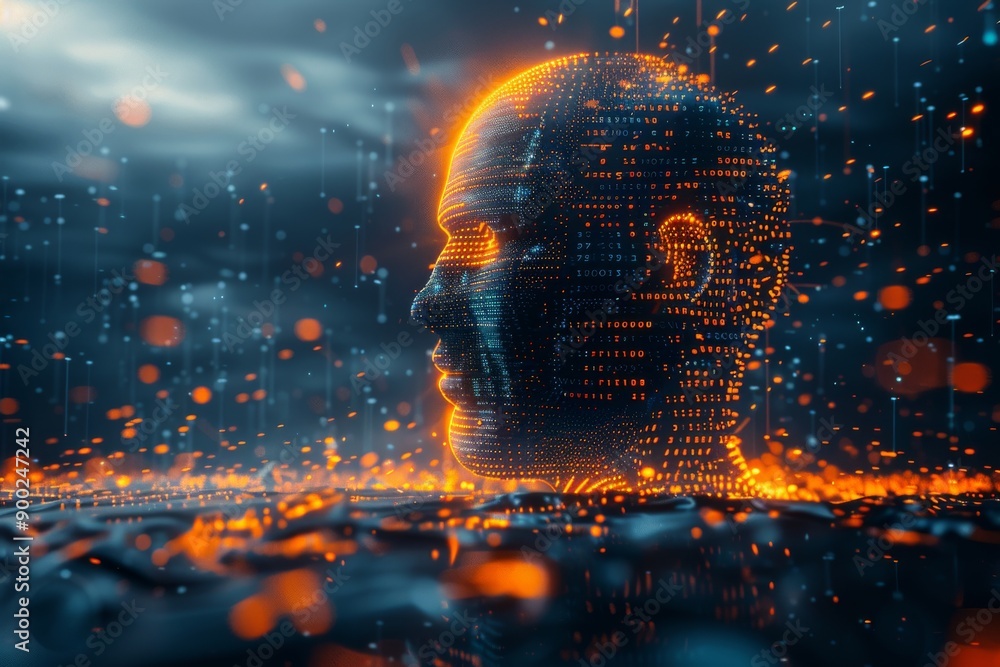 Poster digital brain with a face profile symbolizing the fusion of neuroscience and advanced technology