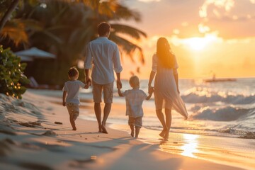 Fototapeta premium A family walking hand in hand along a beach at sunset. The sun casts a golden glow over the scene, highlighting the gentle waves and the silhouettes of the family members. 