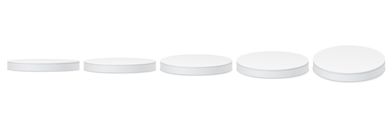 Set of white round empty podiums. Exhibition stand, podium, stage, pedestal. Platforms for product presentation.