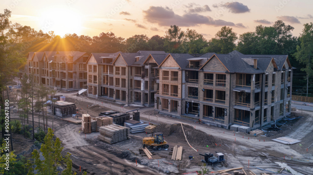 Poster aerial view of a new apartment complex under construction with the sun setting in the background, su