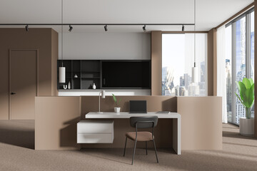 Modern home interior with workspace, tv display and panoramic window