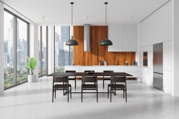 Modern kitchen interior with city view. 3D Rendering