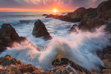 Fototapeta premium A breathtaking view of waves crashing against rugged rocks at sunset with the golden light illuminating the scene