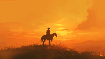 Silhouette of Lone cowboy riding on horse during orange sunet