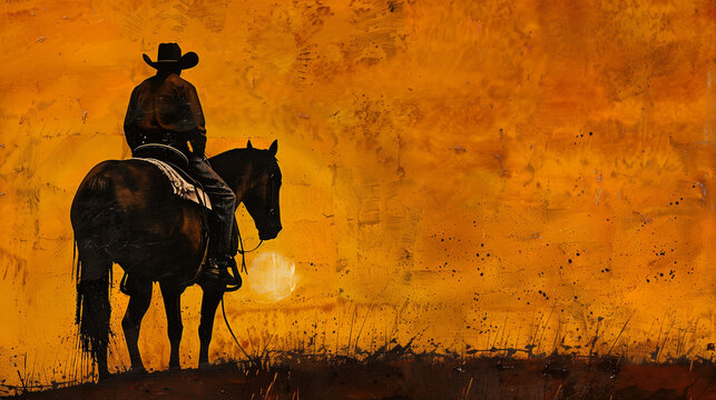 Silhouette of Lone cowboy riding on horse during orange sunset