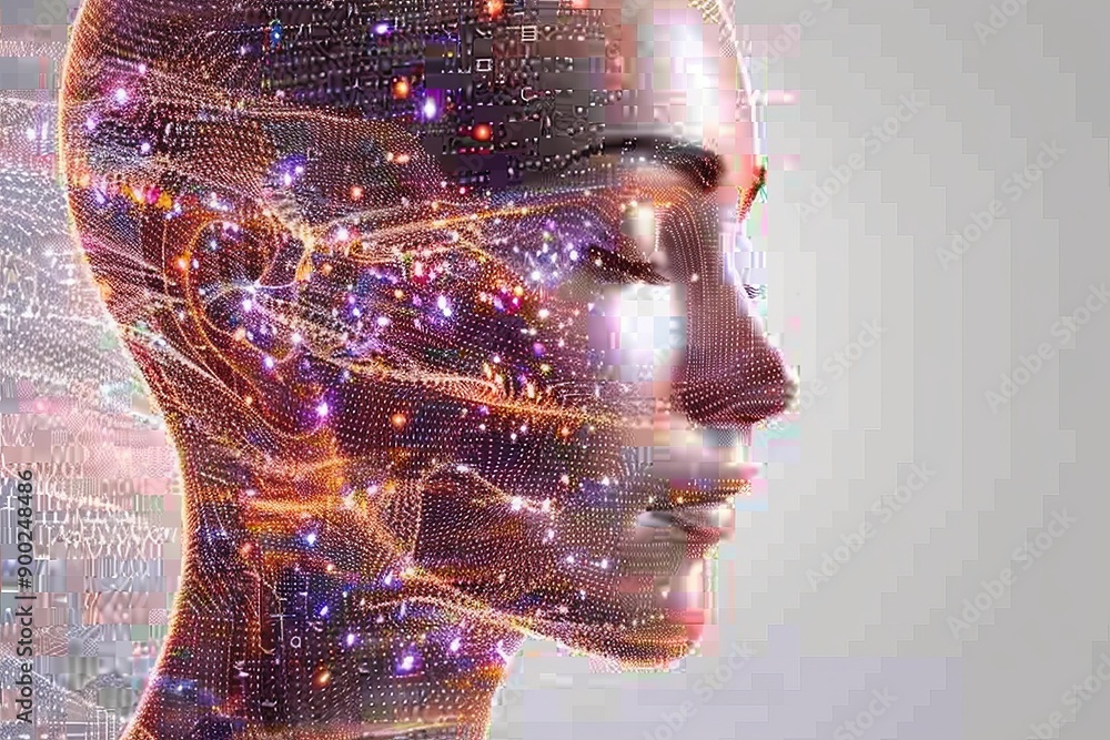 Poster digital face with neural connections symbolizing the fusion of human identity and advanced technolog