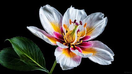 Fototapeta premium A single, beautifully detailed flower isolated on a black background: vibrant and rich colors of the petals, intricate details of the stamen and pistil, delicate texture of the petals and leaves, a se