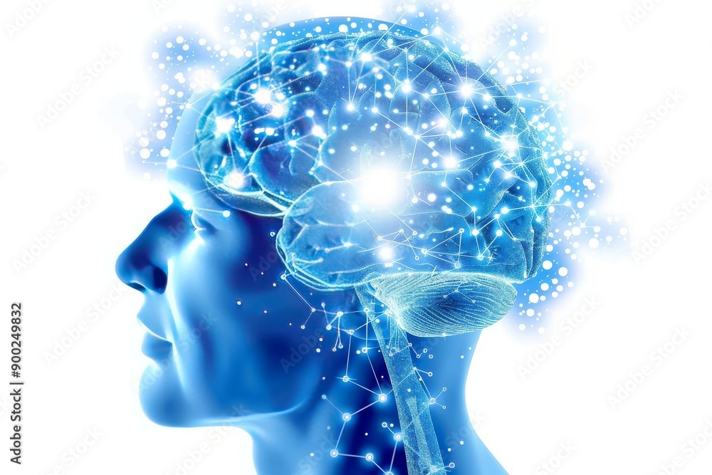 Poster digital brain with neural connections and a face profile representing the fusion of human identity a