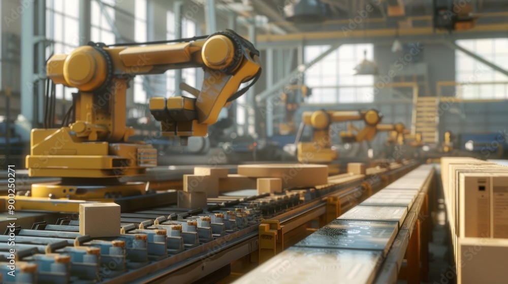 Poster A closeup view of an industrial robotic arm working on a production line in a factory