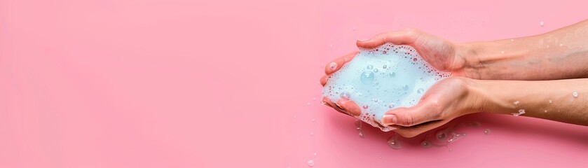 Fototapeta premium A close-up of hands holding a blue foam soap against a soft pink background, representing cleanliness and freshness.