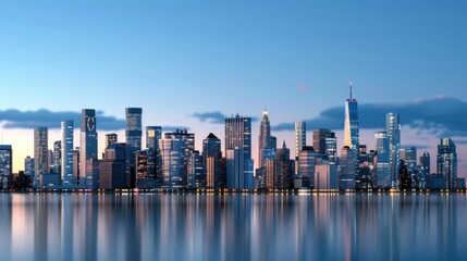 Obraz premium A stunning view of a modern city skyline reflected in water at dusk, showcasing urban architecture and city lights.