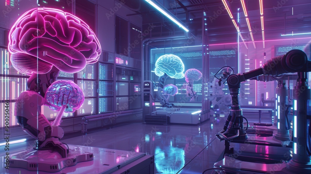 Poster Futuristic Laboratory with Robotic Arms and Illuminated Brain Models