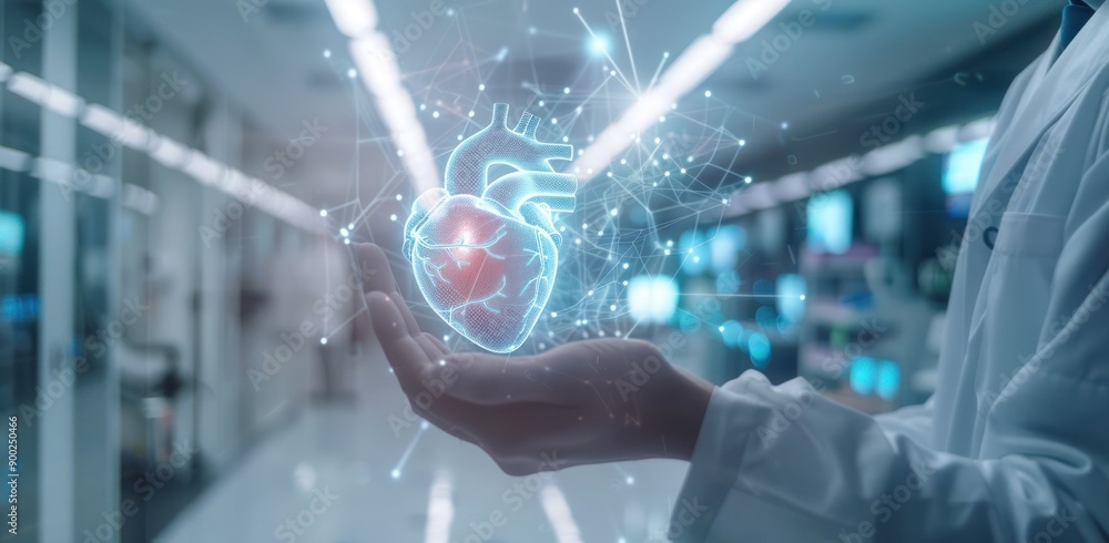 Poster a doctors hand cradles a glowing digital human heart within a network of data points