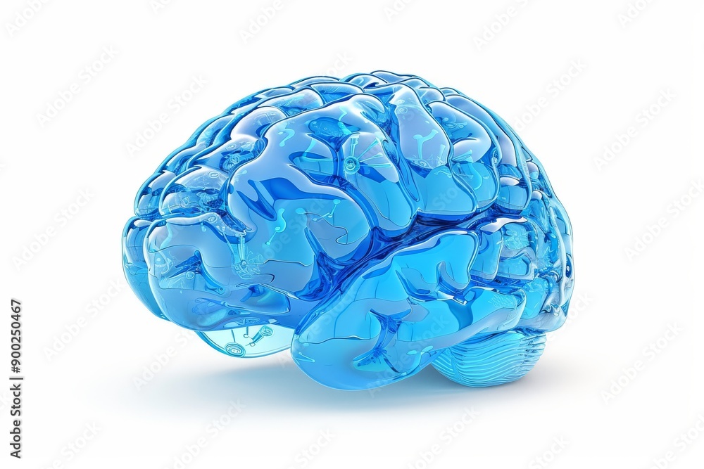 Poster futuristic blue digital brain symbolizing advanced technology and neuroscience integration in a conc