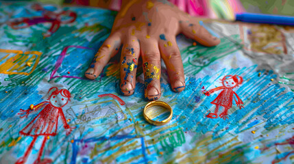 Fototapeta premium A young child's illustration of a profession wearing a wedding band