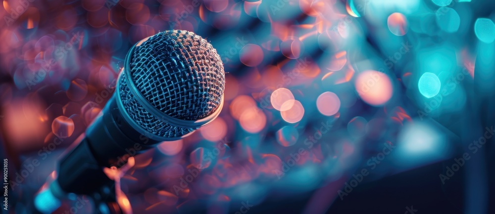 Poster a closeup of a microphone with colorful bokeh lights in the background