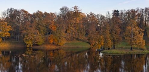 landscape with orange trees reflection in pond