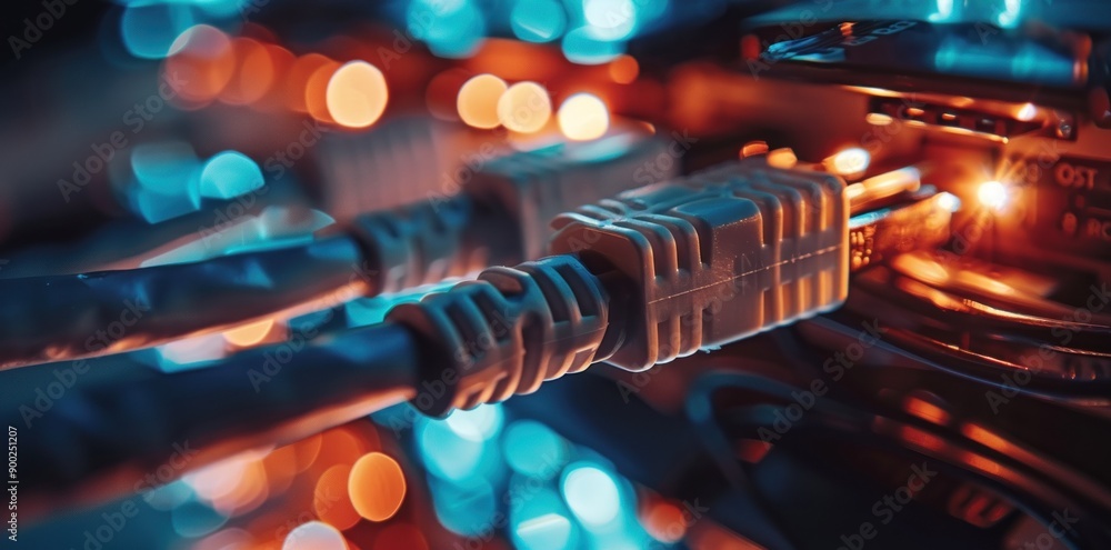 Poster A Close Up Of Network Cables Connected To A Server In A Dark Room With Bokeh Lights