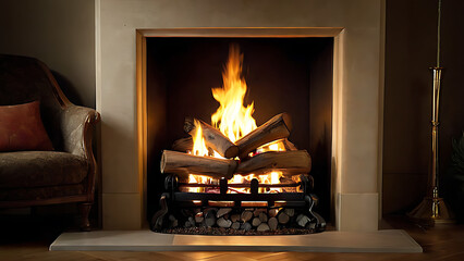 Cheminée allumée avec des flammes et des bûches crépitantes.