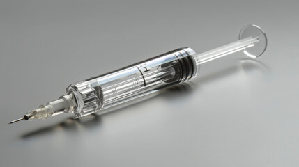 Fototapeta premium Detailed image of a medical syringe lying on a gray surface, highlighting its precision and medical use.