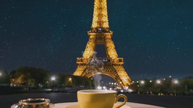 a cup of hot coffee with the background of the Eiffel tower at night, seamless looping animation video background 