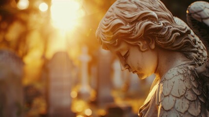 A stone angel statue with wings lowered in a cemetery with the sun shining in the background
