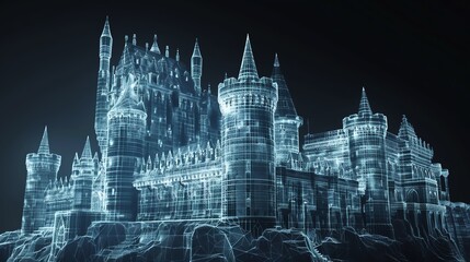 Fototapeta premium A stunning digital rendering of a castle in wireframe, showcasing intricate architecture and futuristic design elements.