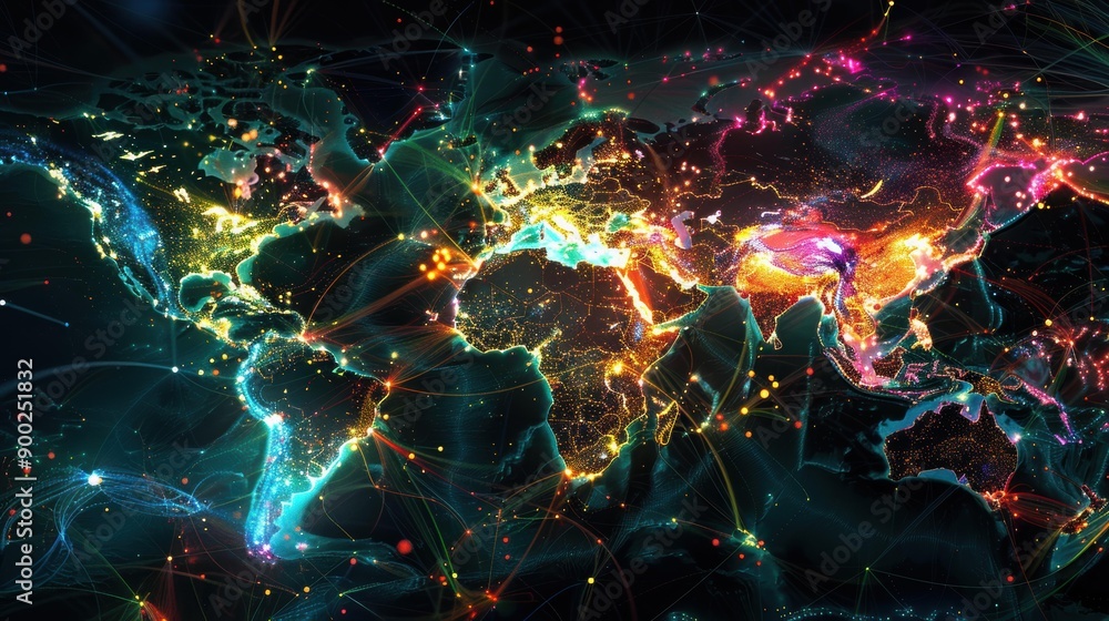 Poster Global Network of Connections with Illuminated Continents