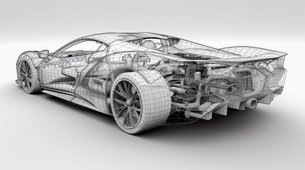 Naklejka premium Detailed wireframe model of a modern sports car, showcasing intricate design and engineering features in 3D perspective.