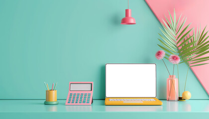 Vibrant 3D Illustration of Laptop and Calculator with Analysis Concept Space on Colorful Background