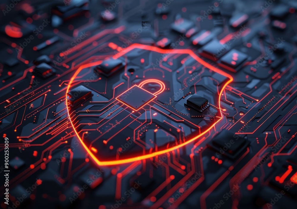 Poster A glowing red shield with a lock symbolizing digital security sits on a circuit board