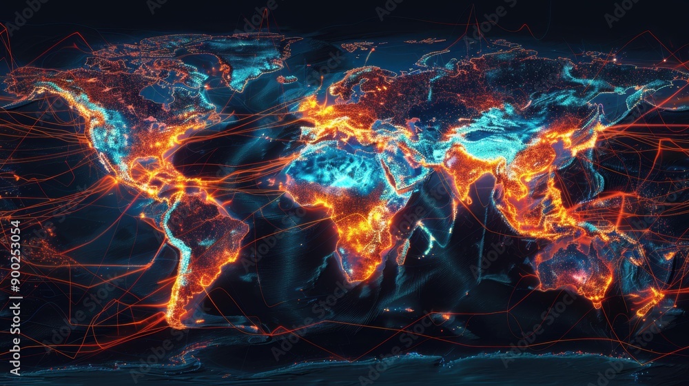 Poster Abstract World Map with Red and Blue Lines