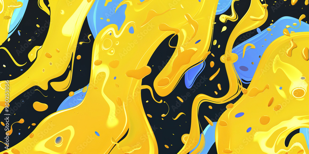 Poster abstract colorful splatters in vibrant yellow and blue against a black background, creating a dynami