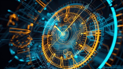 Futuristic clock design with vibrant blue and orange tones showcasing intricate details and glowing effects.