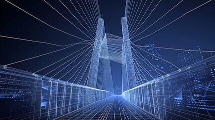 Futuristic digital bridge design with vibrant blue lines and architectural elements representing modern engineering and technology.