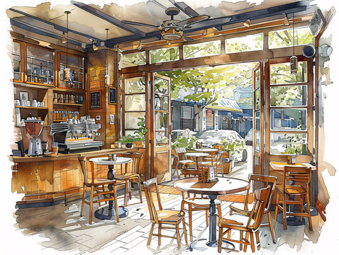 sketch of cafe with a rustic charm, featuring a wooden counter, barista equipment, and a window adorned with green plants.