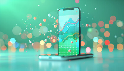 Futuristic 3D Data Visualization on Smartphone Screen with Vibrant Green Background, Technology Concept for Presentations.