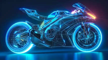 Futuristic neon motorcycle with glowing wheels and intricate design. Perfect for technology or automotive themes.