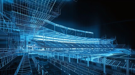 Futuristic stadium design in 3D wireframe, showcasing advanced architecture and digital aesthetics. Perfect for tech and sports themes.