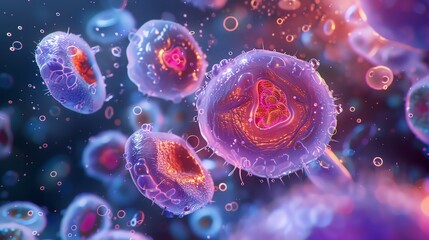 Vivid microscopic view of colorful cells showcasing intricate structures and vibrant colors in a biological environment.