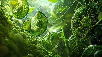 A captivating underwater scene with intricate details of green leaves and vibrant algae, showcasing nature's beauty and complexity.