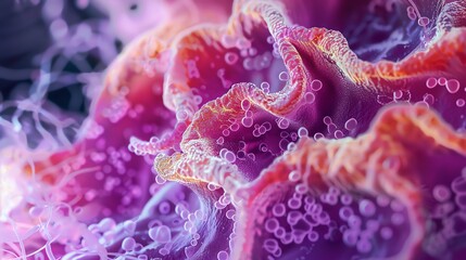A captivating macro view of a vibrant purple and pink coral structure showcasing intricate details and patterns in underwater beauty.