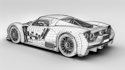 A detailed wireframe model of a modern sports car, showcasing its intricate design and structure in a sleek monochrome finish.