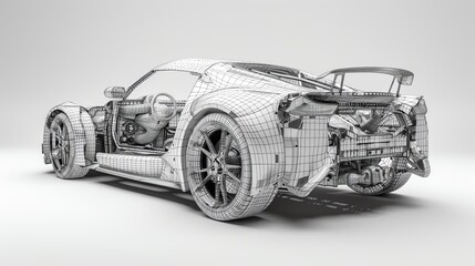 A detailed wireframe model of a modern sports car showcasing intricate design and engineering.